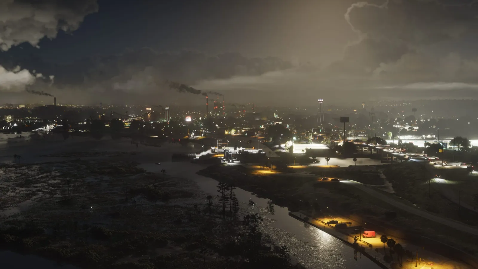 Une vue aérienne d'une petite ville de Leonida qui s'illumine au crépuscule dans la région d'Ambrosia de GTA 6