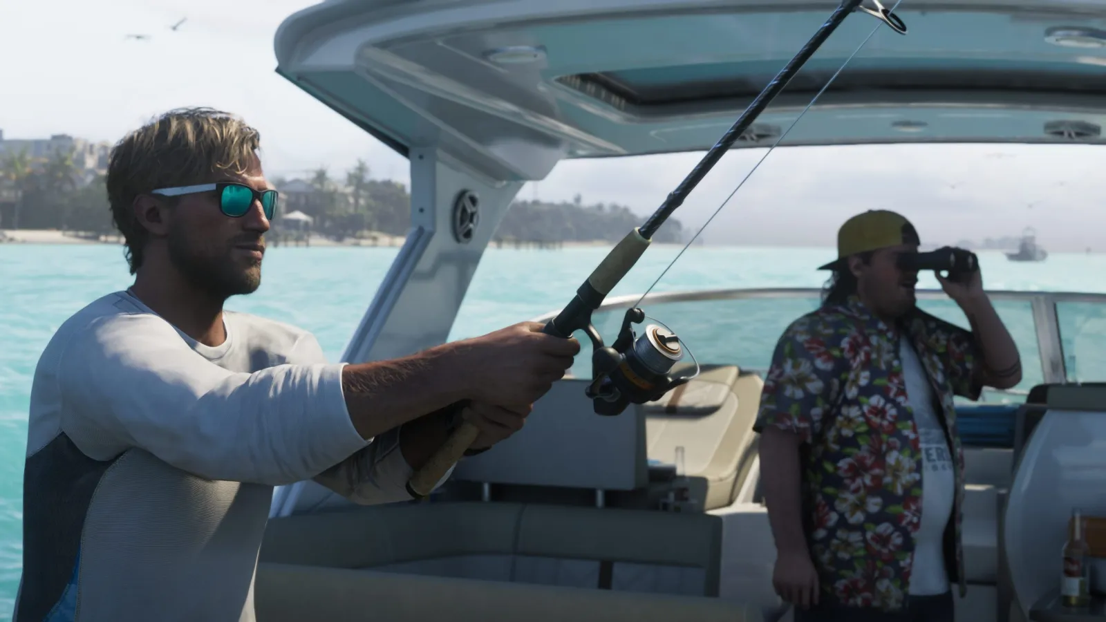 Jason Duval fishing from a boat on turquoise water in the Leonida Keys in GTA 6