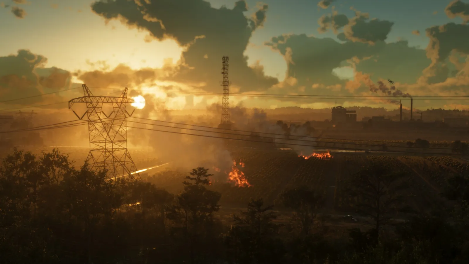 Um campo de Leonida ao entardecer em GTA 6, com torres de linha de transmissão, plantações e um avião agrícola