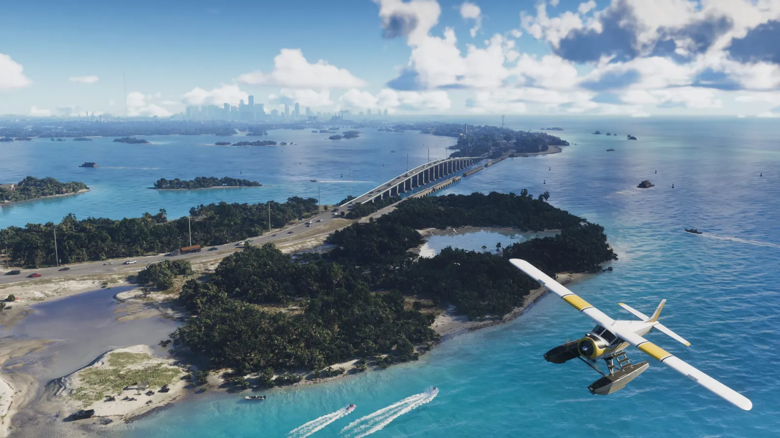 An aerial of the Leonida Keys in GTA 6 with a seaplane skimming turquoise water between green islands