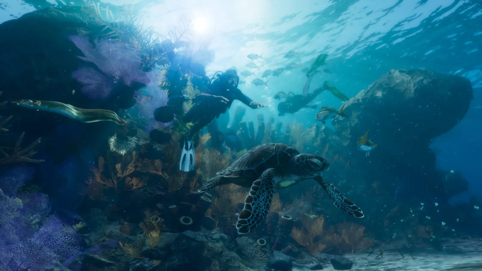 Un récif de corail sous-marin dans les eaux de Leonida dans GTA 6, des plongeurs nageant près d'une tortue de mer et de poissons