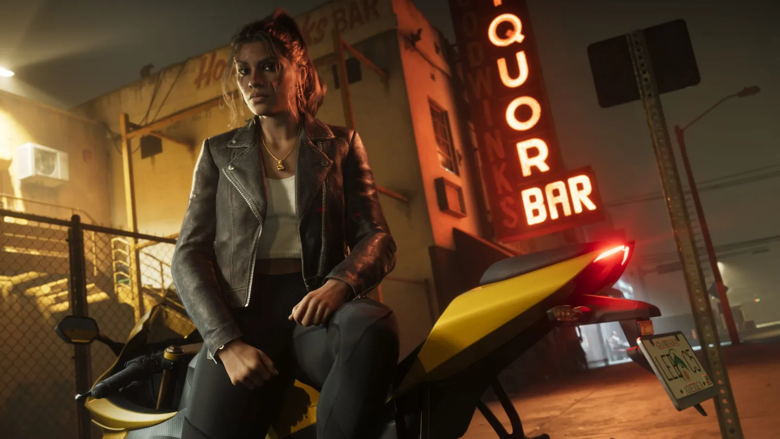 Lucia Caminos sitting on a motorcycle at night outside a neon-lit liquor bar in GTA 6