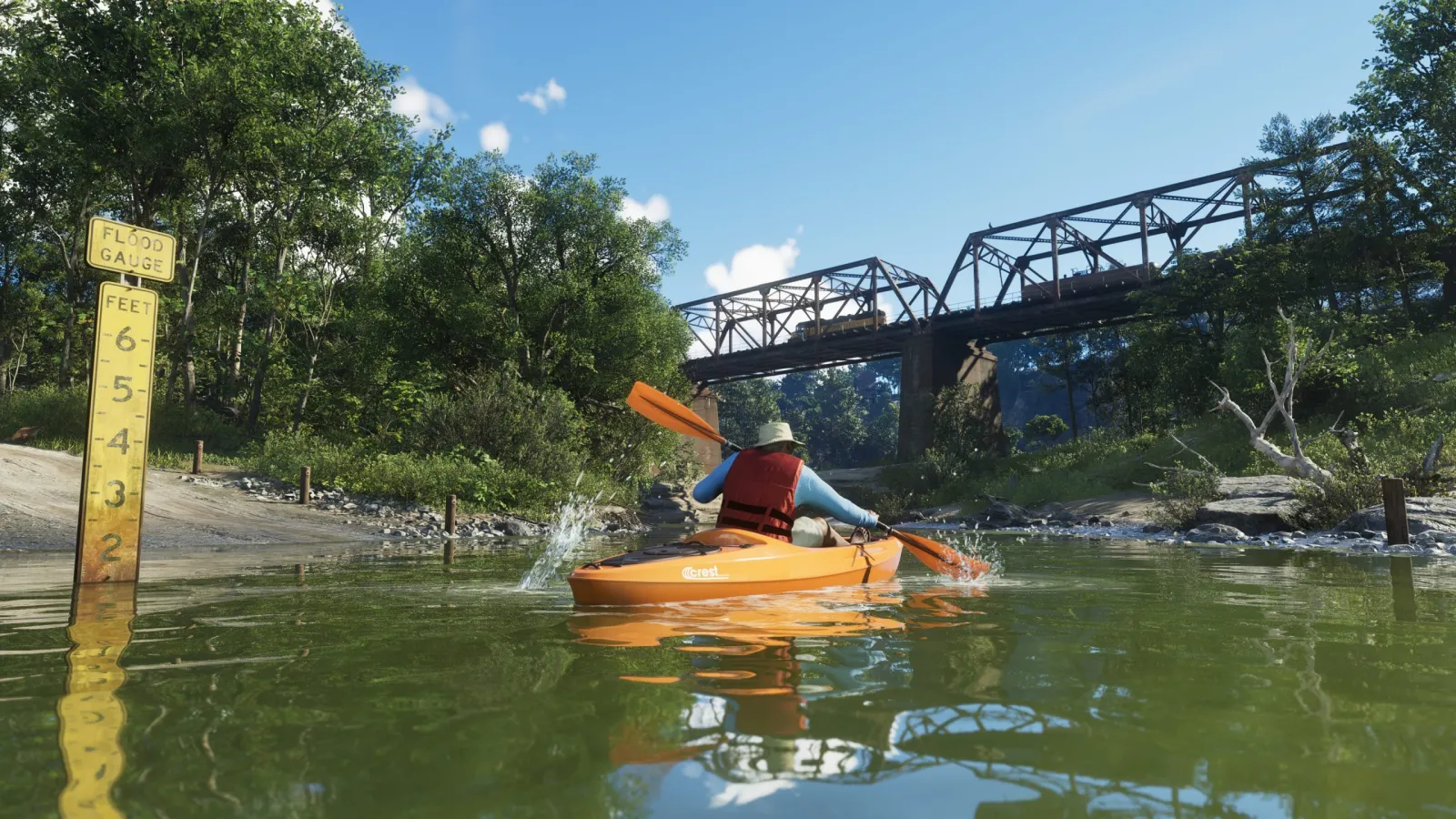 Kajakfahrer paddeln einen ruhigen Fluss unter einer Eisenbrücke im Mount Kalaga National Park in GTA 6