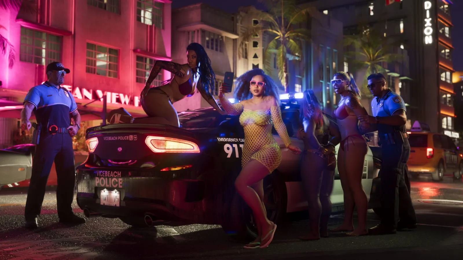 A neon-lit Vice City street at night in GTA 6, a police car and people outside an art-deco hotel