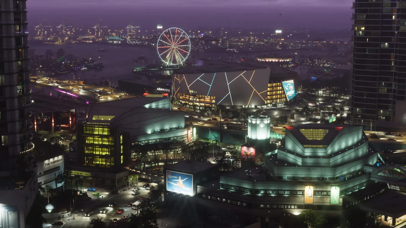 Vue aérienne nocturne de la silhouette de Vice City dans GTA 6, avec une grande roue illuminée et un front de mer scintillant